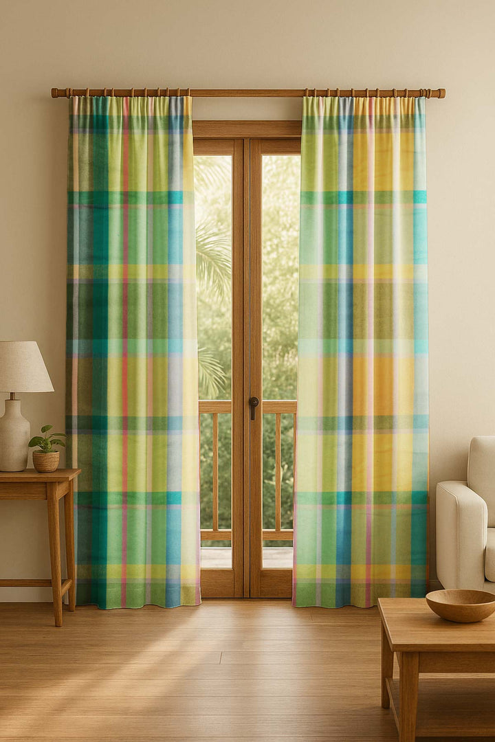 CURTAINS Madras Checks Sun Yellow Cotton Drapes And Blinds
