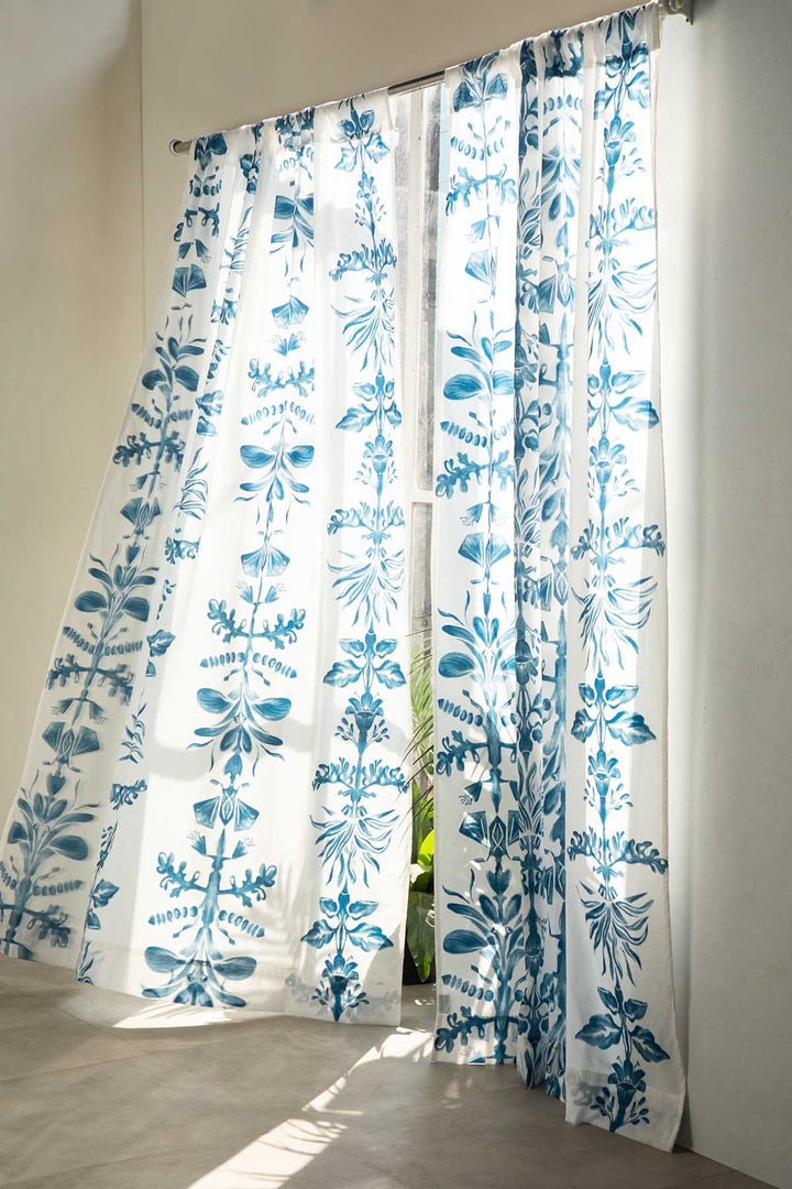 CURTAINS Montane Blue And White Sheer Curtain