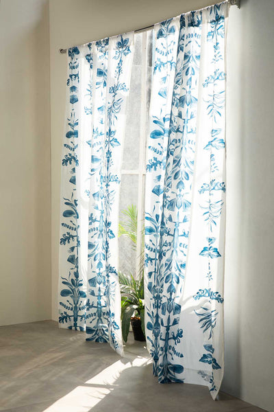 CURTAINS Montane Blue And White Window Curtain In Sheer Fabric