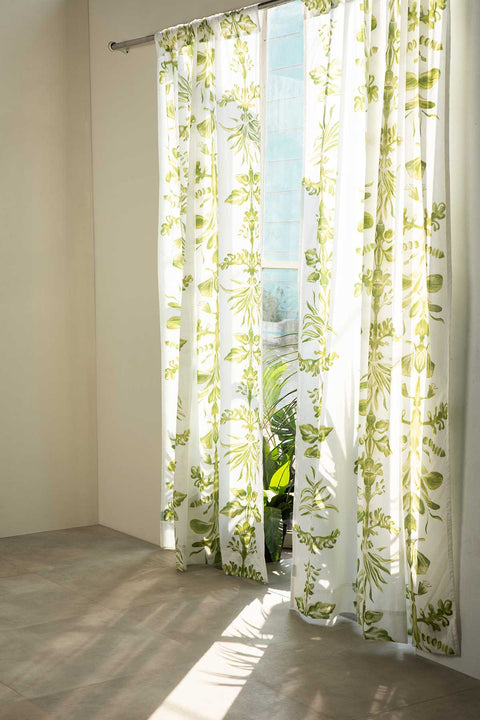 CURTAINS Montane Green And White Cotton Curtain And Blinds