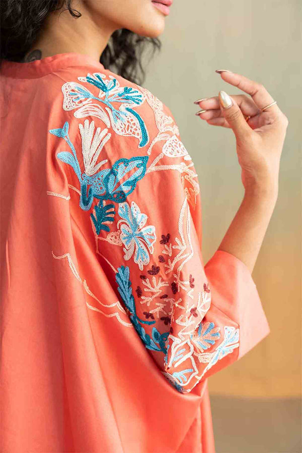 TOPS Moonflower Embroidered Kaftan Top (Deep Coral)