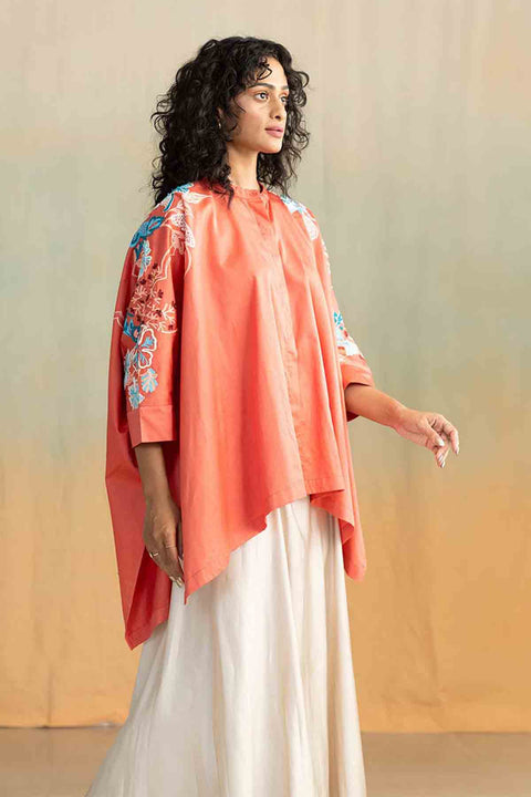 TOPS Moonflower Embroidered Kaftan Top (Deep Coral)