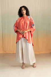 TOPS Moonflower Embroidered Kaftan Top (Deep Coral)