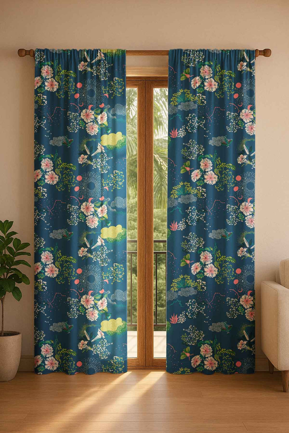 Moonflower Moonlit Blue Cotton Drapes And Blinds