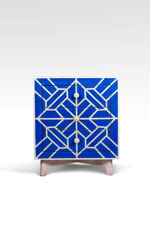 BEDSIDE TABLE Mosaic Inlay Blue Bedside Table (White Washed)
