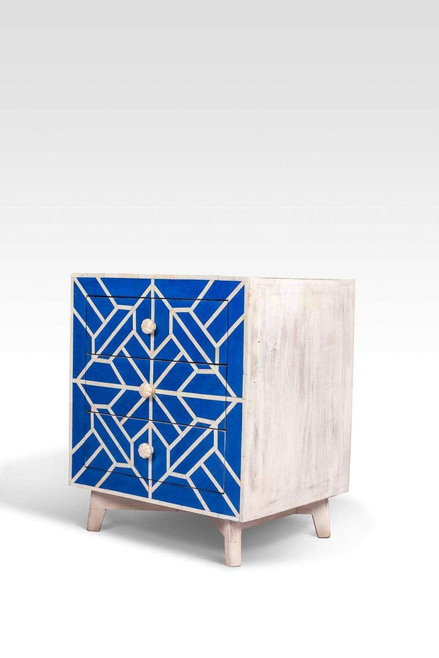 BEDSIDE TABLE Mosaic Inlay Blue Bedside Table (White Washed)