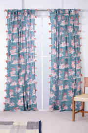 CURTAINS Mumbai Makers Teal And Pink Sheer Curtain (Cotton Voile)