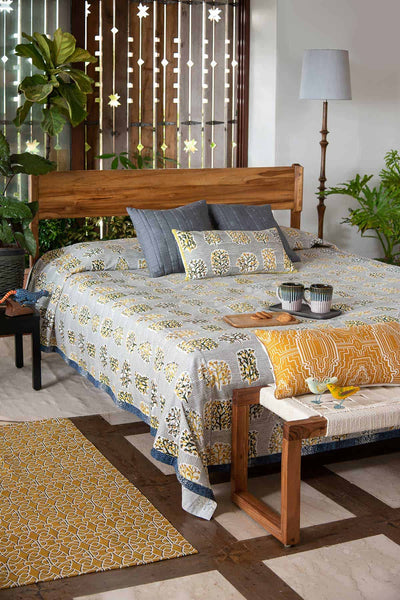 PRINT & PATTERN BEDCOVERS Palash Pure Cotton Bedcover (Yellow And Grey)