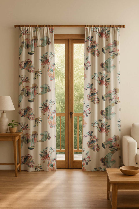 PRINT & PATTERN HEAVY FABRICS Palmyrah Beige Velvet Printed Heavy Fabric And Curtains