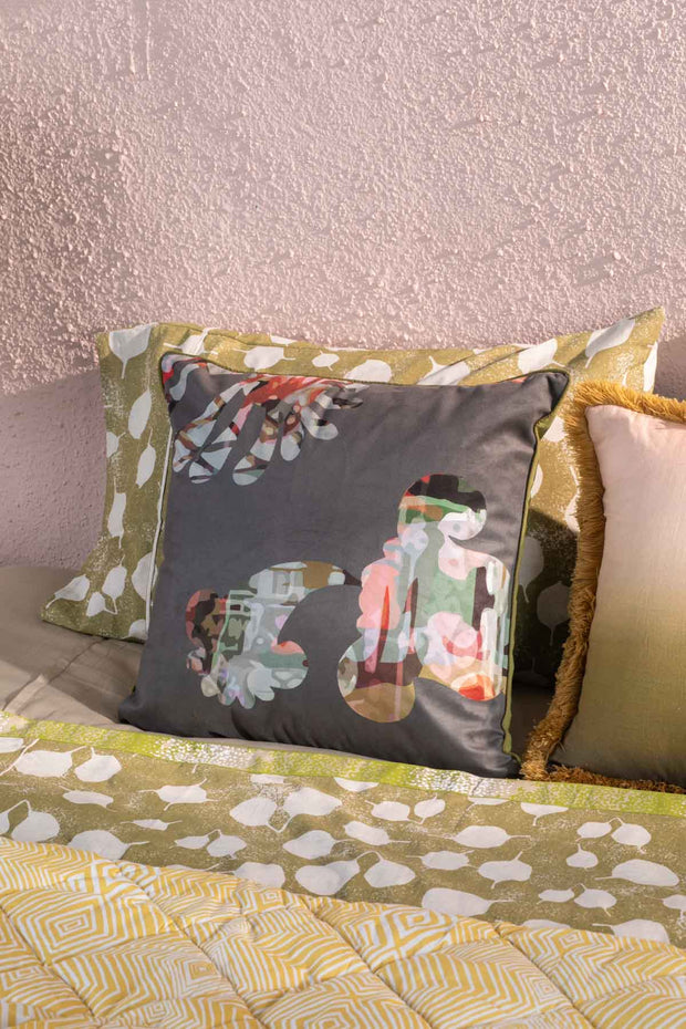 PRINT & PATTERN CUSHIONS Palmyrah  Slate Grey Velvet Cushion Cover (46 Cm X 46 Cm)