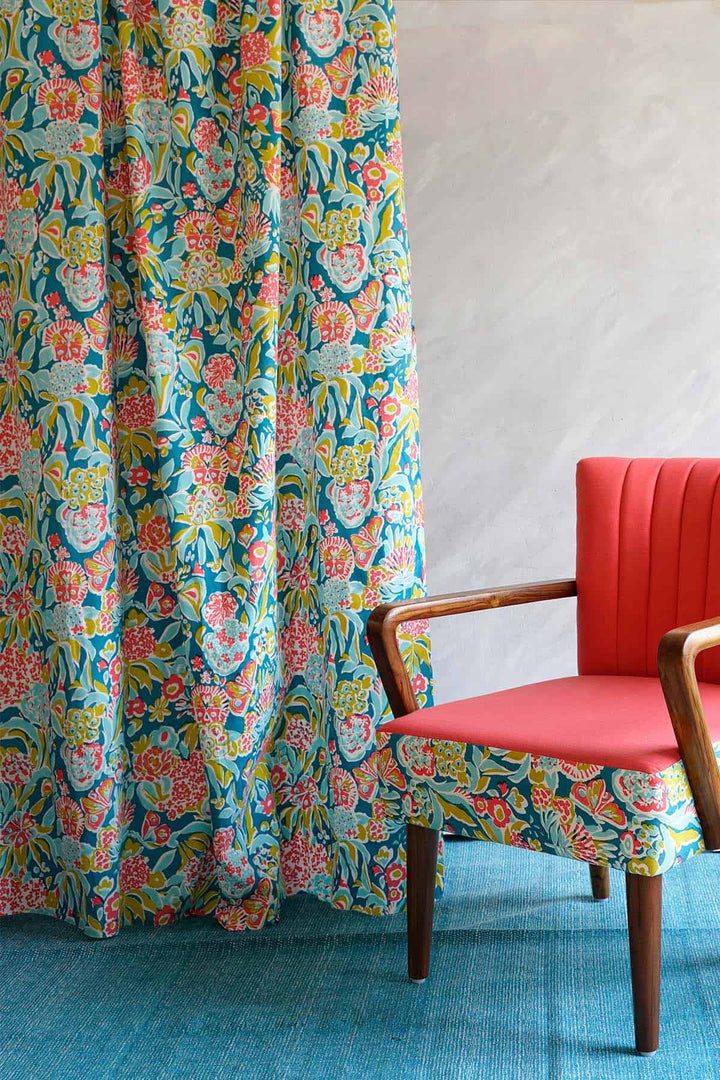 CURTAINS Para Para Teal And Pink Sheer Curtain (Pure Cotton)