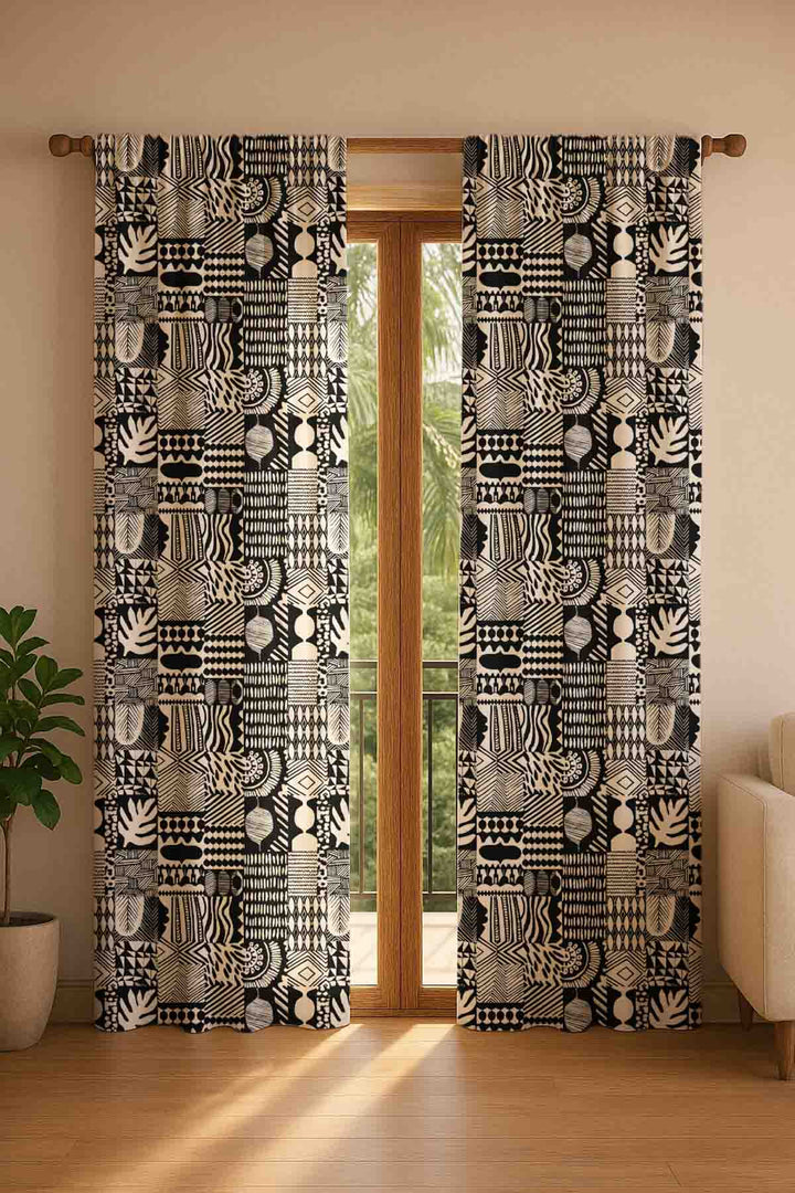 PRINT & PATTERN HEAVY FABRICS Patchwork Printed Heavy Fabric And Curtains (Black And White)