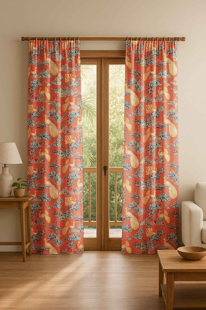 PRINT & PATTERN HEAVY FABRICS Peacock Song Printed Heavy Fabric And Curtains (Passion Coral)