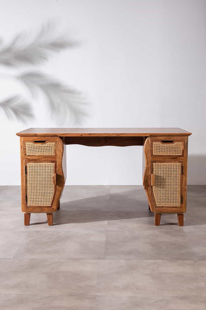 STUDY TABLES Primitive Acacia Wood And Wicker Study Table