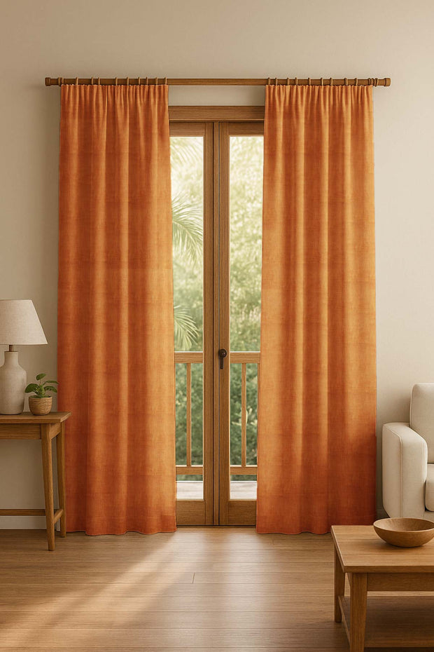 SOLID & TEXTURE HEAVY FABRICS Raffia Orange Woven Heavy Fabric And Curtains