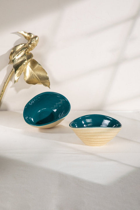 BOWLS Solaire Teal Ceramic White Soup Bowl (Set Of 2)