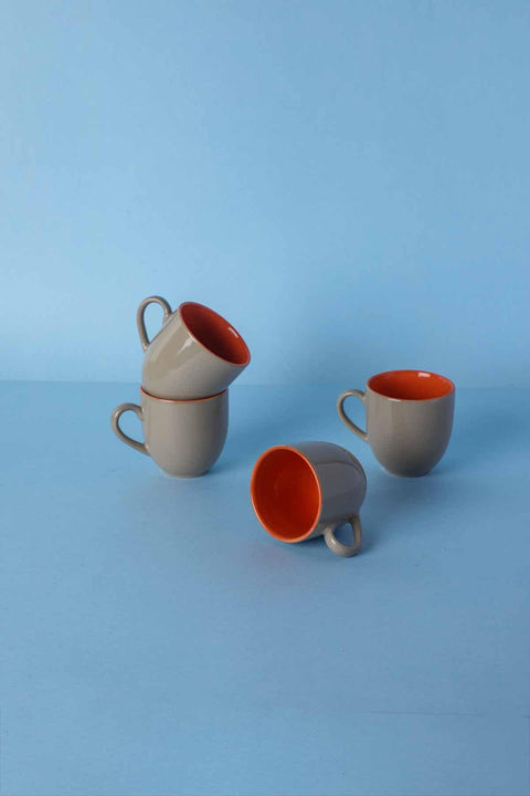 MUGS & CUPS Solid Sand And Orange Ceramic Baga Tea Cup (Set Of 4)