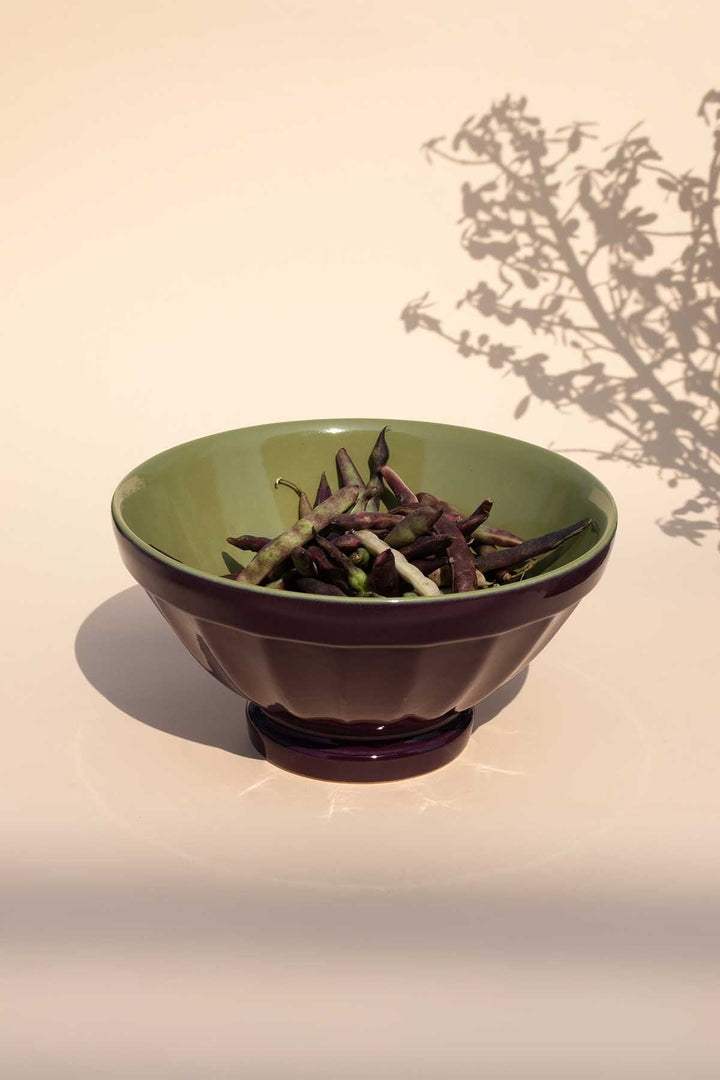 BOWLS Solid Large Olive Green And Purple Ribbed Bowl