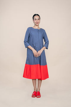 DRESSES Solid Pleated Kyoto Midi Dress (Grey Red)