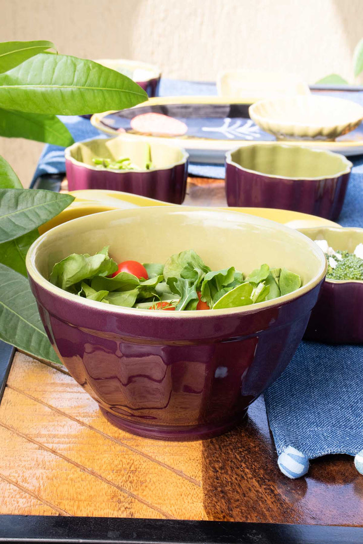 BOWLS Solid Olive Green And Purple Ribbed Bowl (Set Of 2)