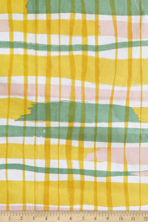 PRINT & PATTERN HEAVY FABRICS Summer Squares Printed Heavy Fabric And Curtains (Yellow And Sage)