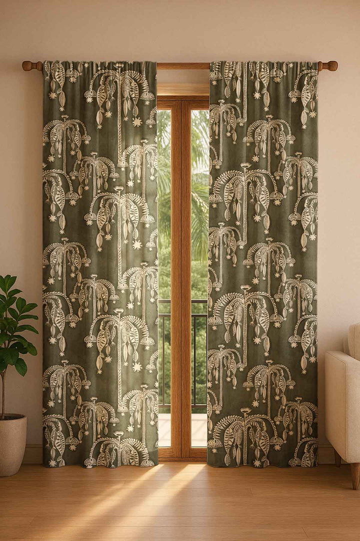 PRINT & PATTERN HEAVY FABRICS Toddy Plam Moss Grey Printed Heavy Fabric And Curtains