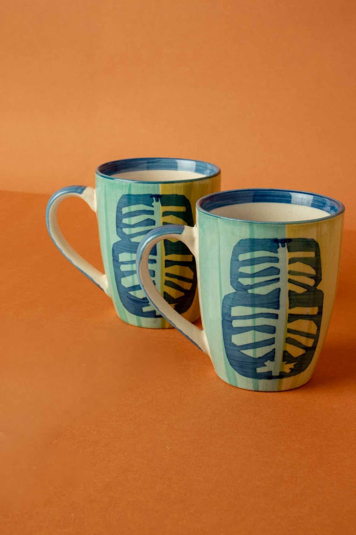 MUGS & CUPS Udanti Palm Mint Green Ceramic Coffee Mug (Set Of 2)