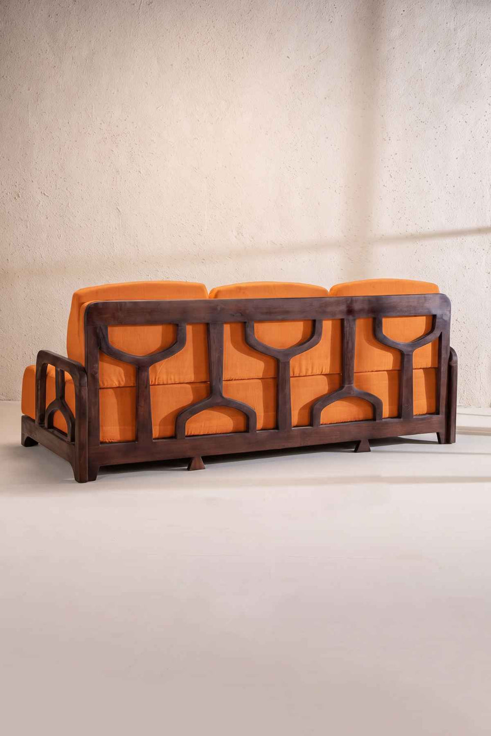 Upholstered Bundle Cabana Lattice Sofa in Raffia Ginger Orange Fabric