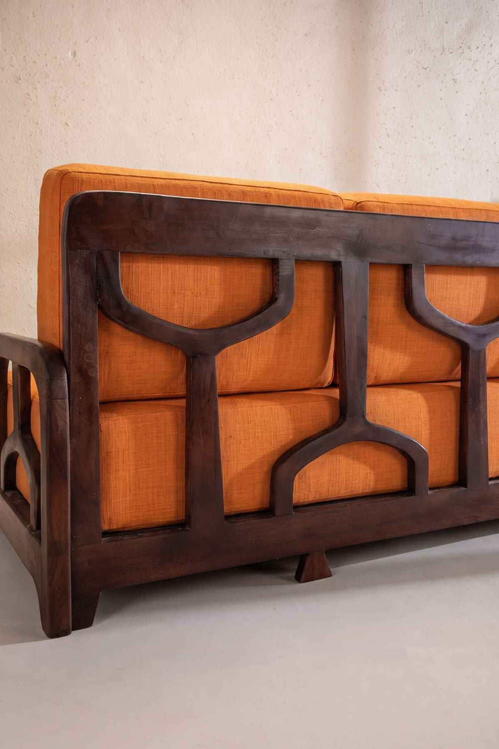 Upholstered Bundle Cabana Lattice Sofa in Raffia Ginger Orange Fabric