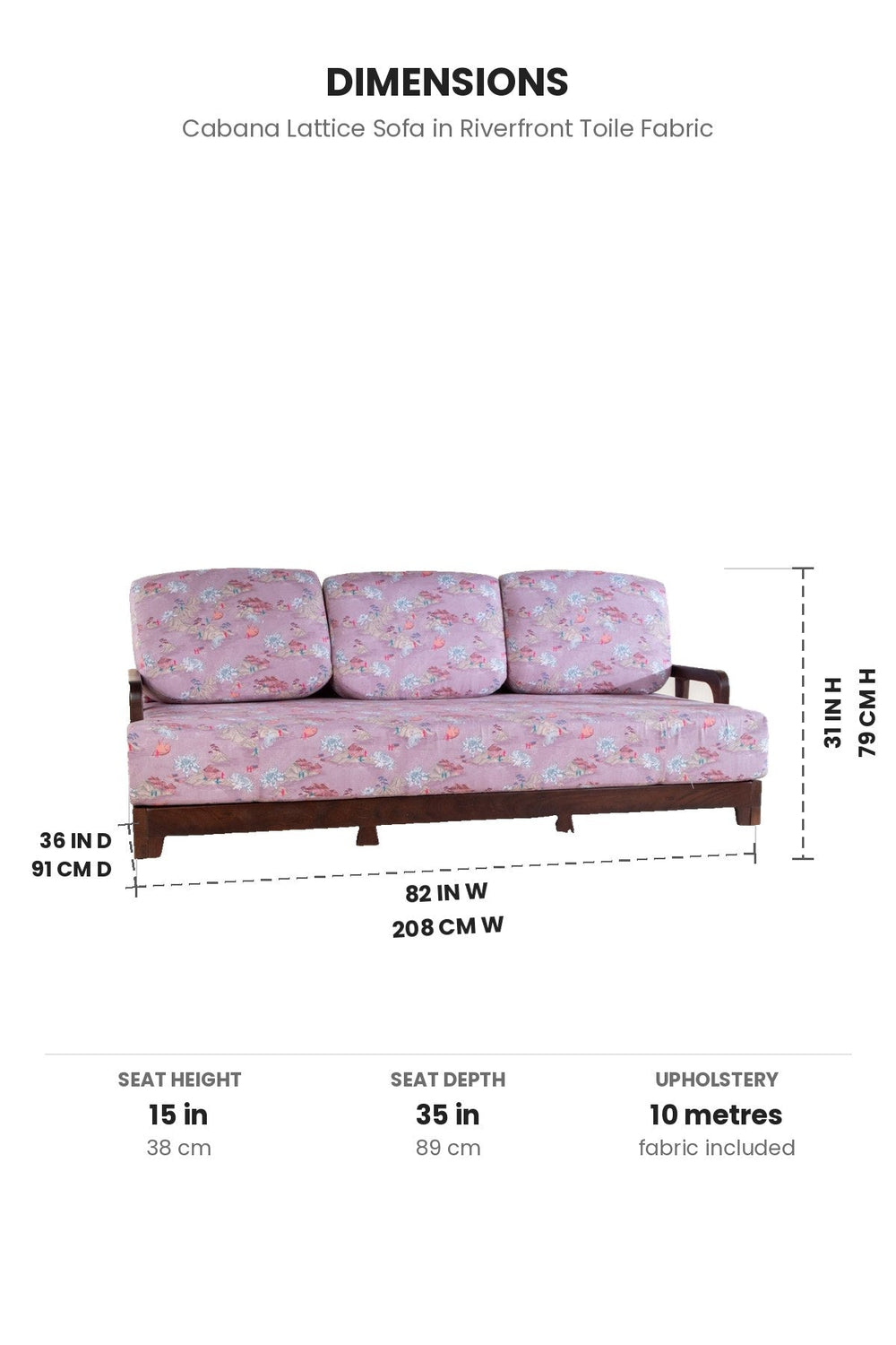 Upholstered Bundle Cabana Lattice Sofa in Riverfront Toile Fabric