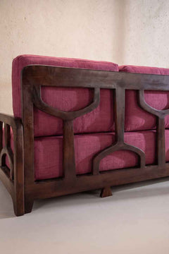 Upholstered Bundle Cabana Lattice Sofa in Raffia Plum Red Fabric