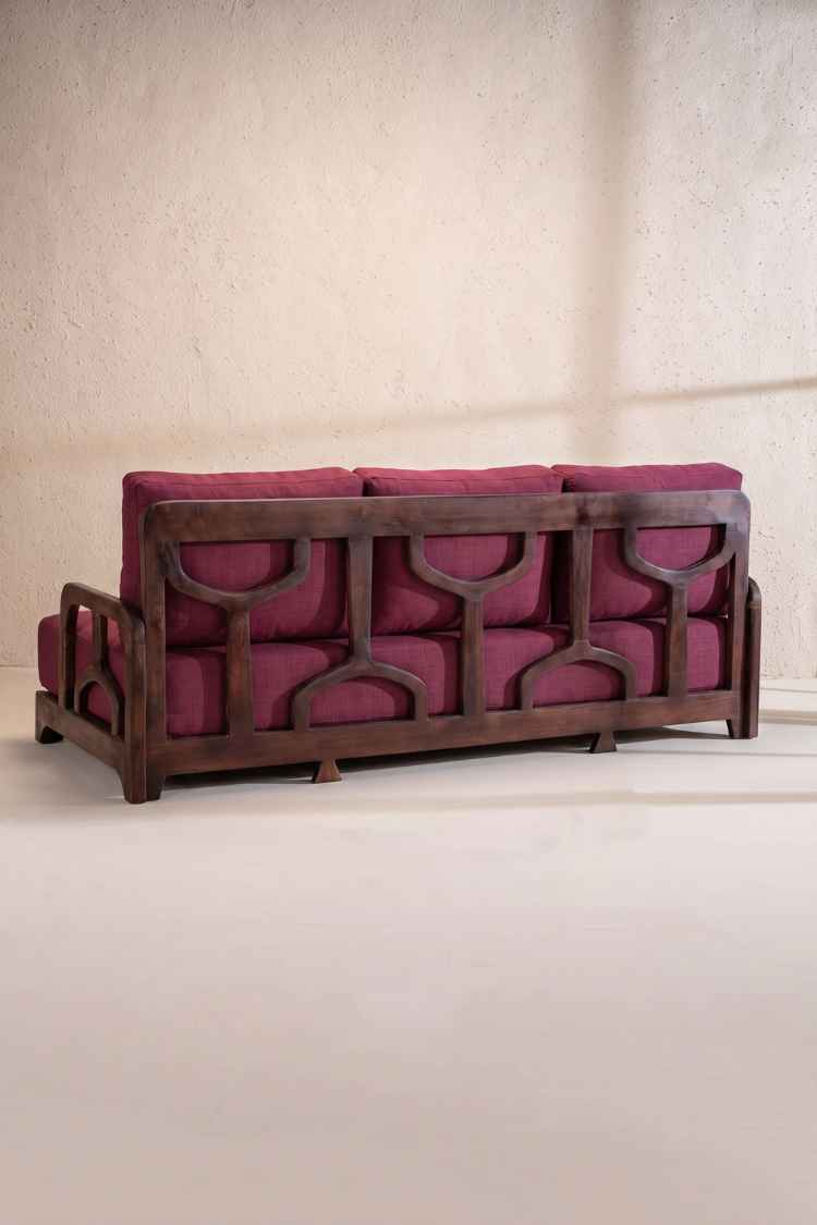 Upholstered Bundle Cabana Lattice Sofa in Raffia Plum Red Fabric