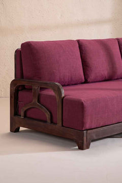 Upholstered Bundle Cabana Lattice Sofa in Raffia Plum Red Fabric