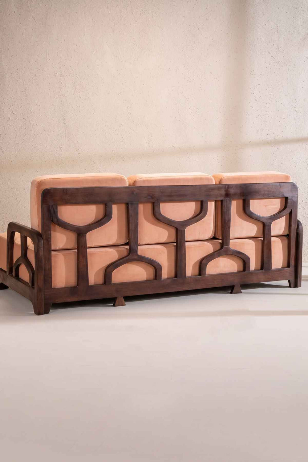 Upholstered Bundle Cabana Lattice Sofa in Peach Velvet Fabric