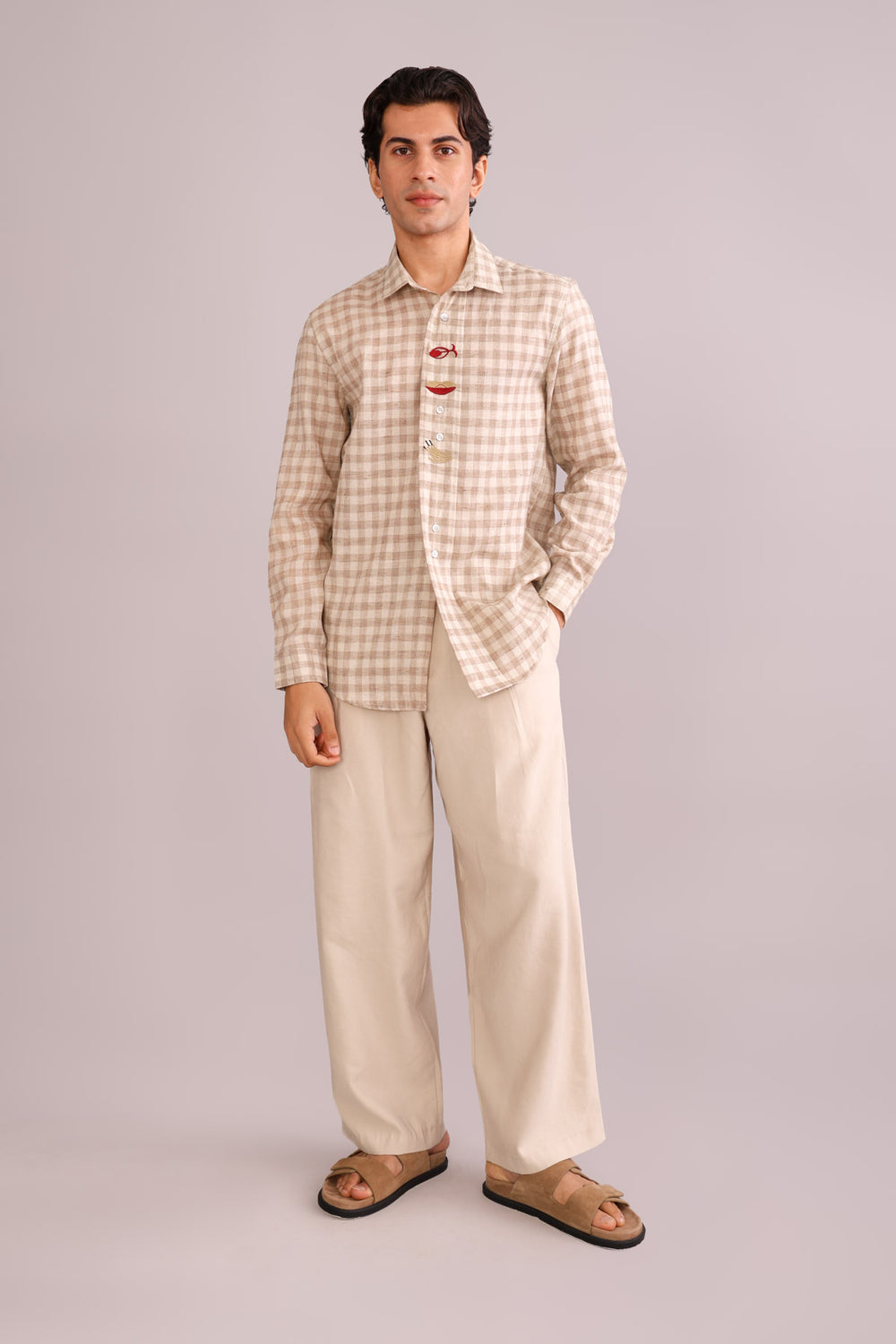 SHIRTS Checks Embroidered Full Sleeve Shirt (Oasis Tan)