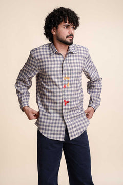 Checks Embroidered Full Sleeve Shirt (Seafaring Blue)