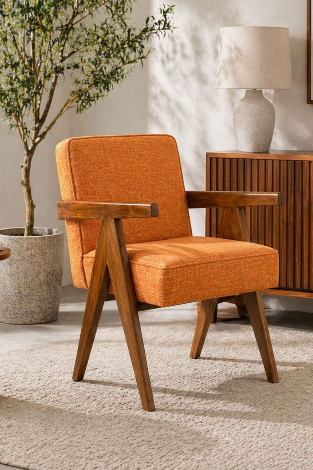 Upholstered Bundle Civic Accent Chair in Raffia Ginger Orange Fabric