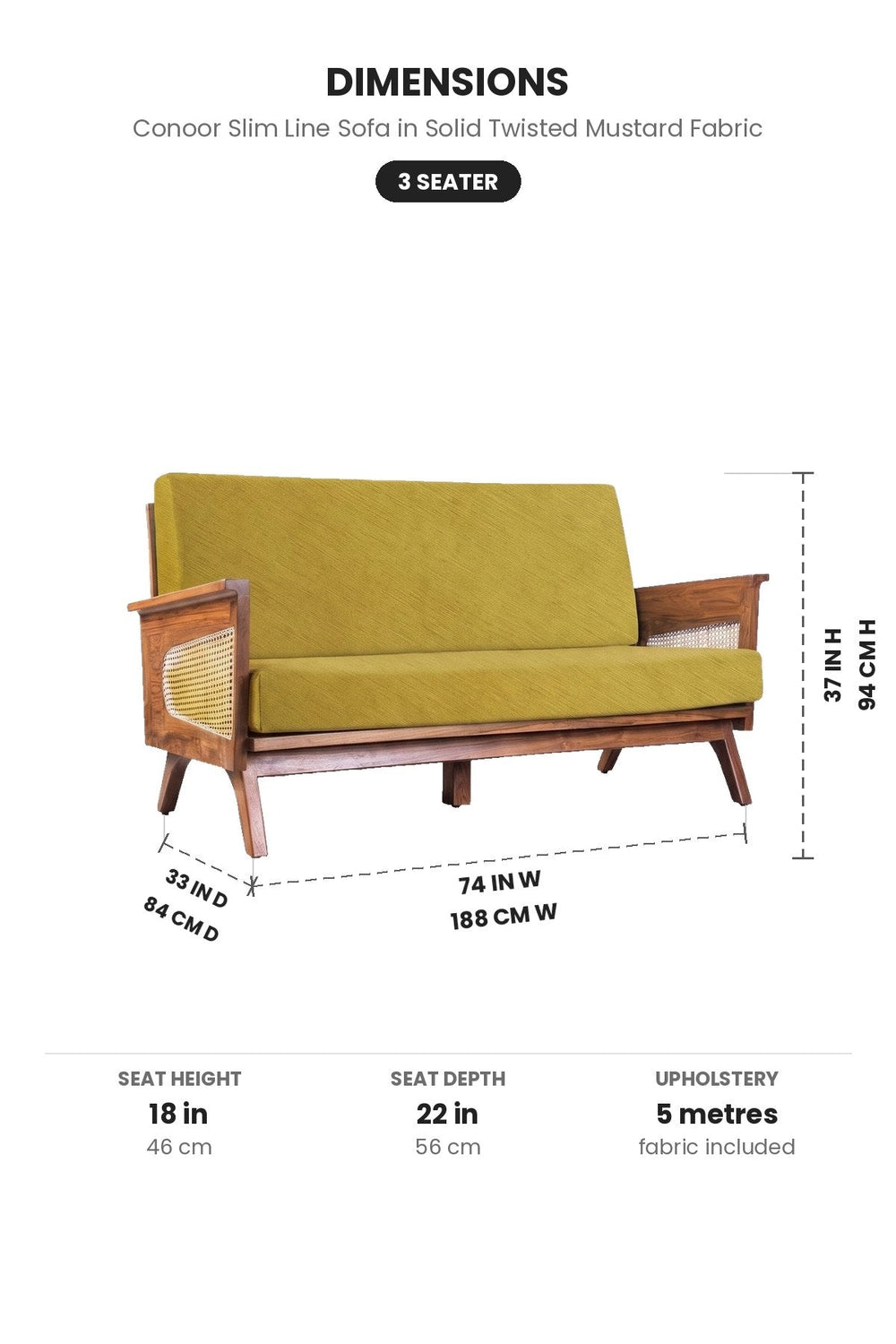 Upholstered Bundle Conoor Slim Line Sofa in Solid Twisted Mustard Fabric