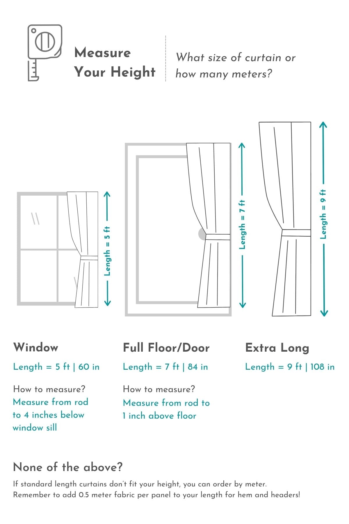 How to measure for length — Window 5 ft (60 in) · Full Floor/Door 7 ft (84 in) · Extra Long 9 ft (108 in). Ordering by the metre? Add 0.5 m per panel for hem and headers.