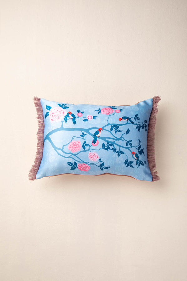 Damask Rose With Birds Aqua Haze Cushion Cover (36 X 51 Cm)
