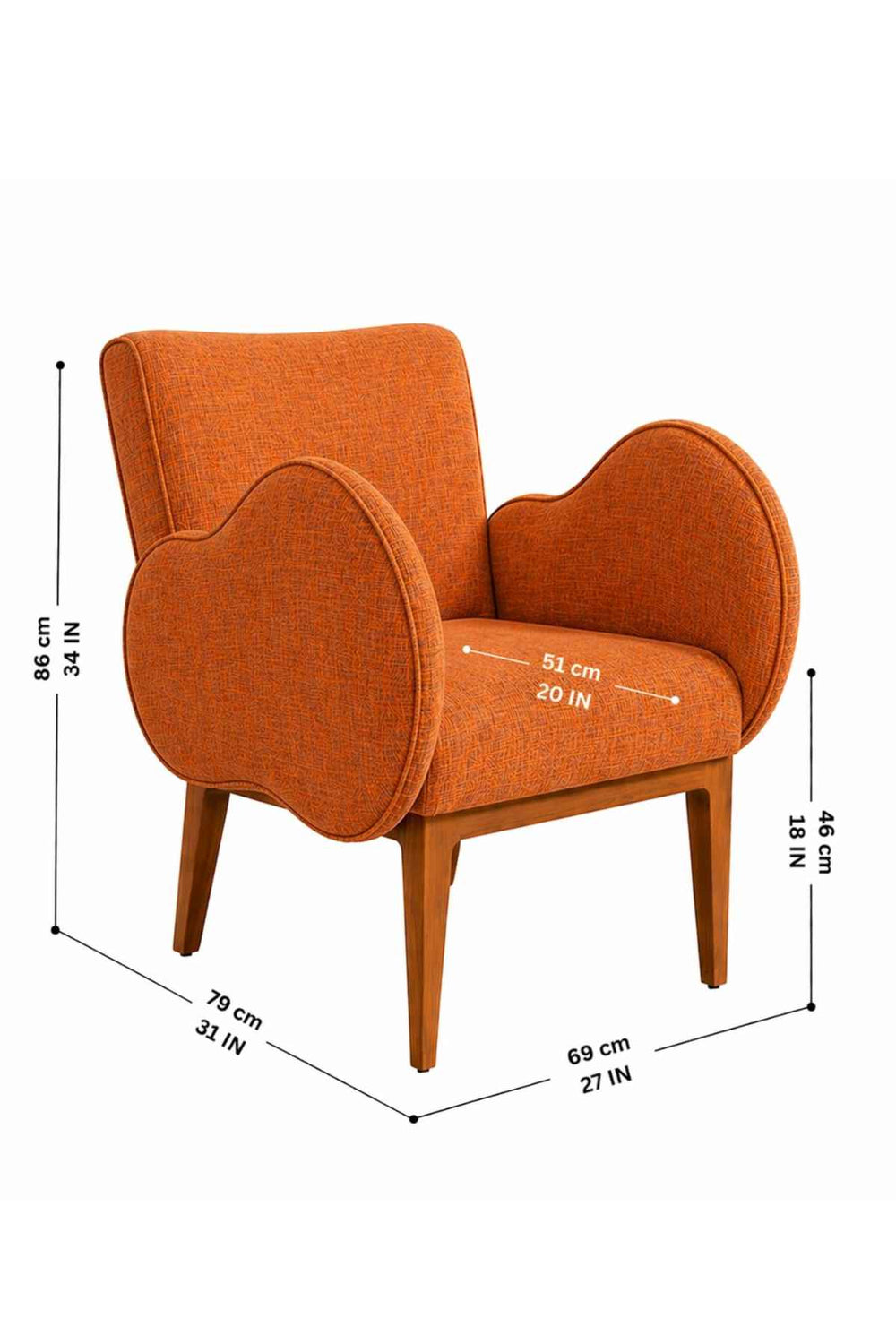 Upholstered Bundle Fibo Accent Chair in Raffia Ginger Orange Fabric