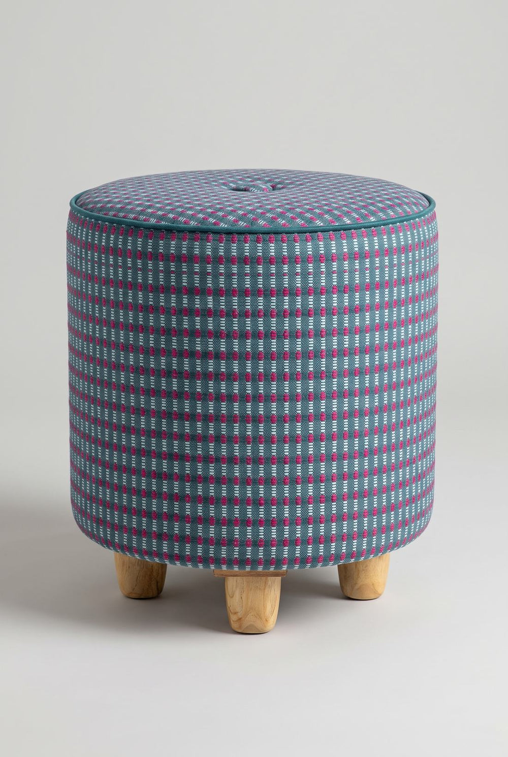 Upholstered Bundle Flower Pouffe in Code Shadow Plum Blue Fabric