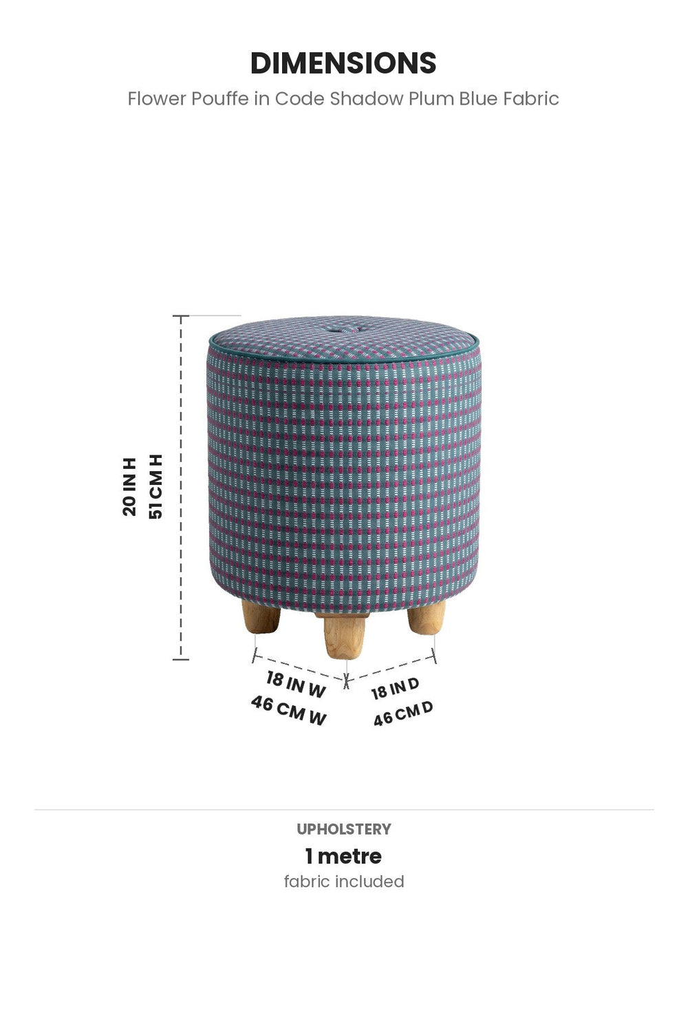 Upholstered Bundle Flower Pouffe in Code Shadow Plum Blue Fabric