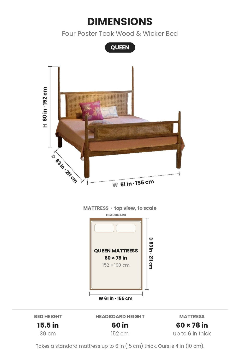 BEDS Four Poster Teak Wood And Wicker Bed