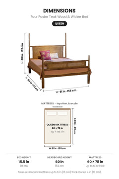 BEDS Four Poster Teak Wood And Wicker Bed