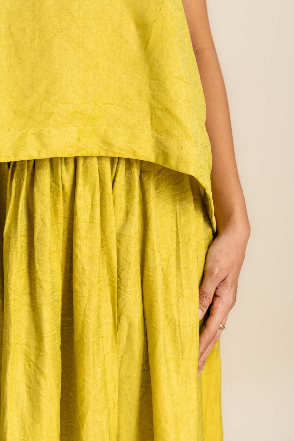 BOTTOMS Glass Satin Gathered Skirt (Lime Luster)