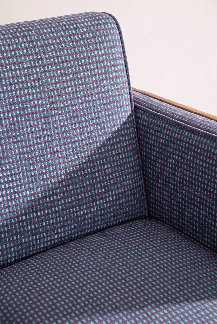Upholstered Bundle Glider Sofa in Code Shadow Plum Blue Fabric