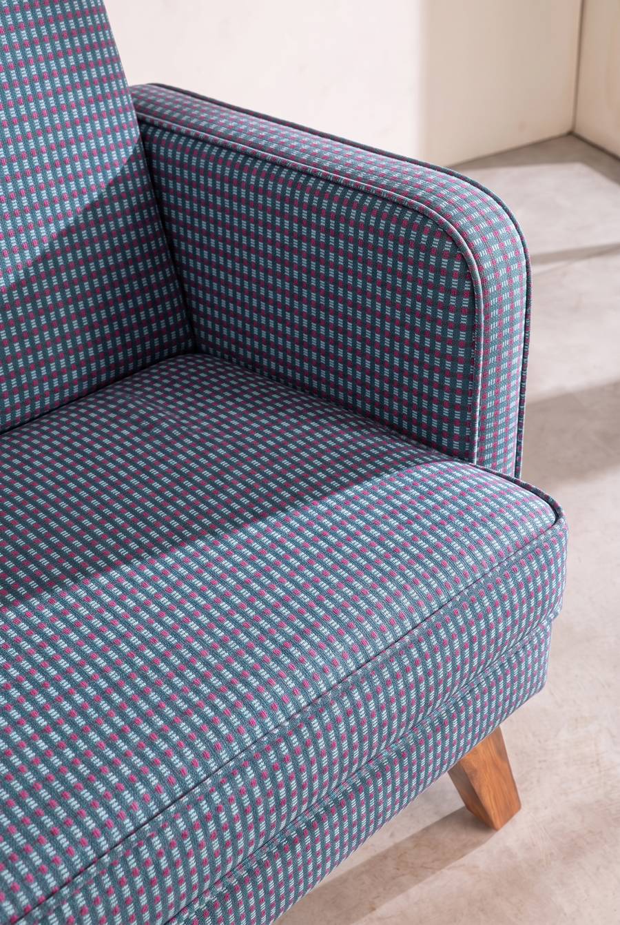 Upholstered Bundle Glider Sofa in Code Shadow Plum Blue Fabric