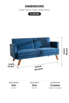Upholstered Bundle Glider Sofa in Indigo Velvet Fabric