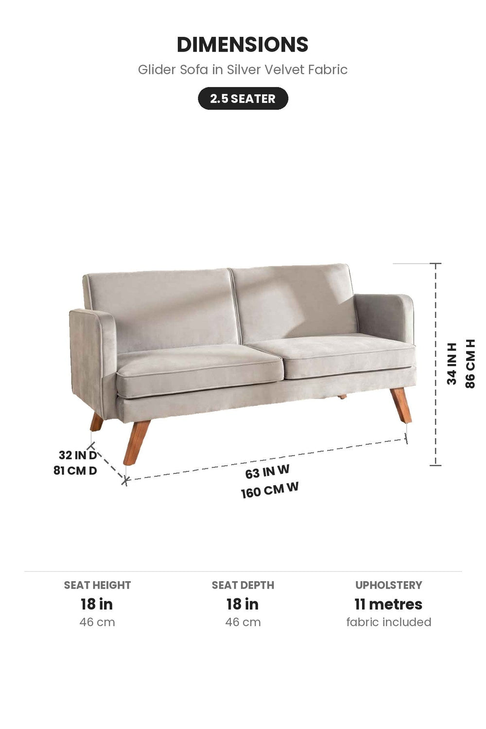 Upholstered Bundle Glider Sofa in Silver Velvet Fabric